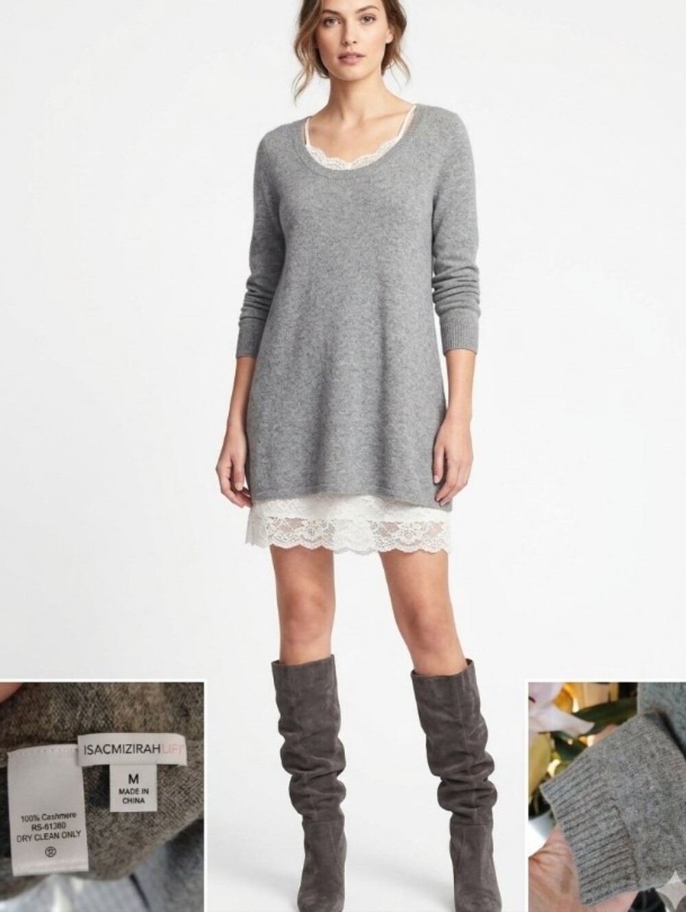 100% CASHMERE Cozy Women's Gray Scoop-Neck Sweater Dress Tunic - Picture 1 of 8